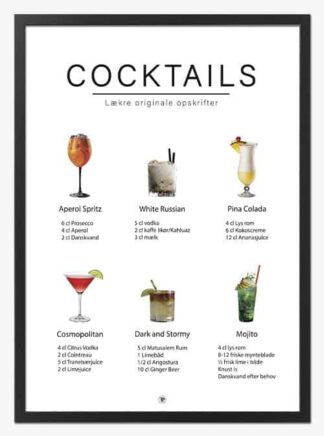 Cocktails opskrifter | Køkkenplakat - 21x30 cm (A4) - Køkkenshop